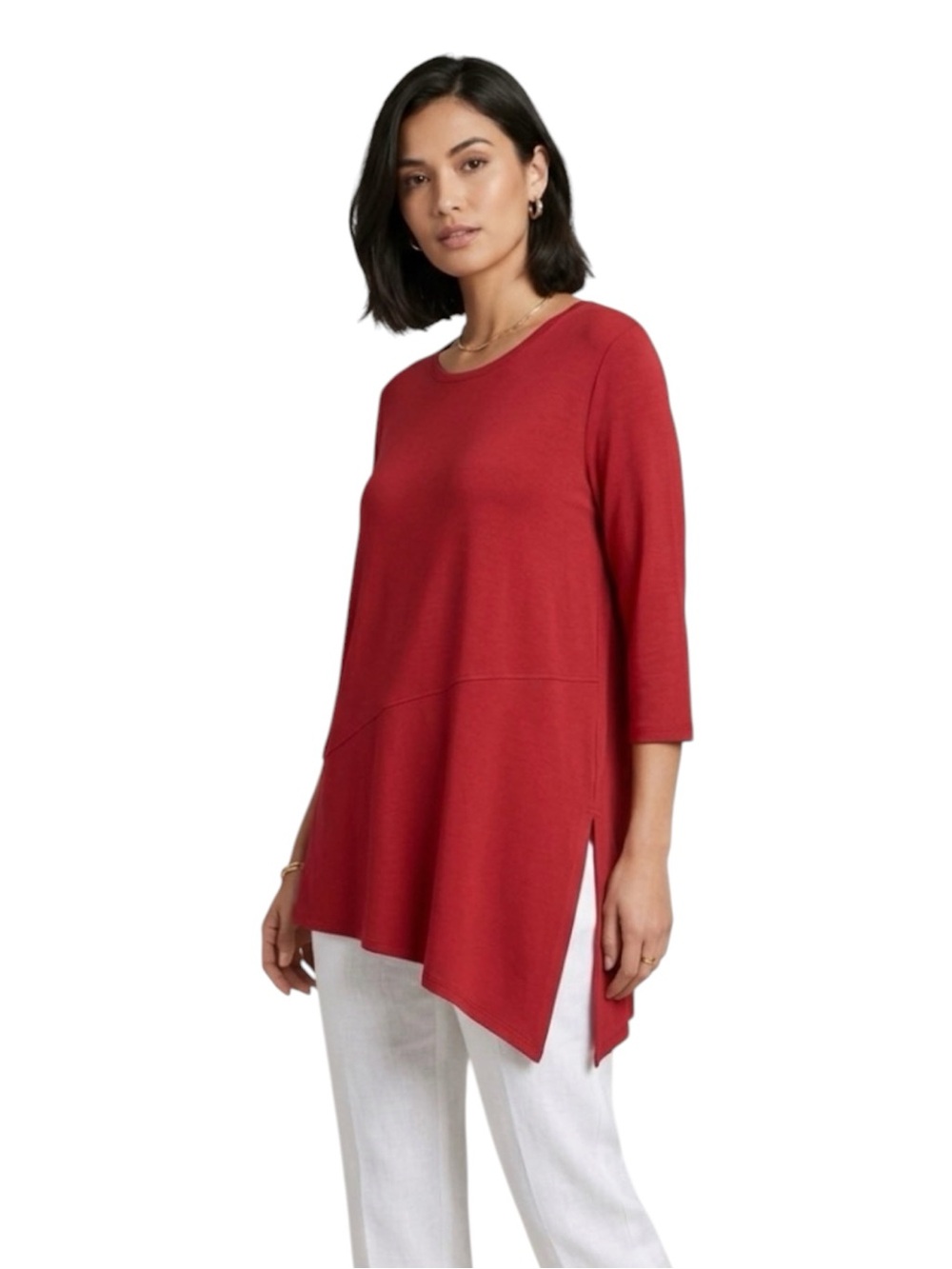 Eileen Fisher Women’s Deep Red Asymmetrical Hem 3/4 Sleeve Tunic Top Sz Large P